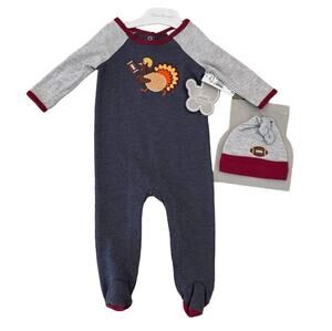 NWT Baby Essentials Navy & Grey Thanksgiving Football Bodysuit & Cap